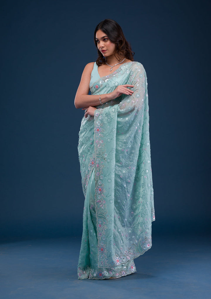 Sea Green Stonework Tissue Saree-Koskii