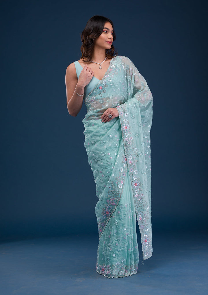 Sea Green Stonework Tissue Saree-Koskii
