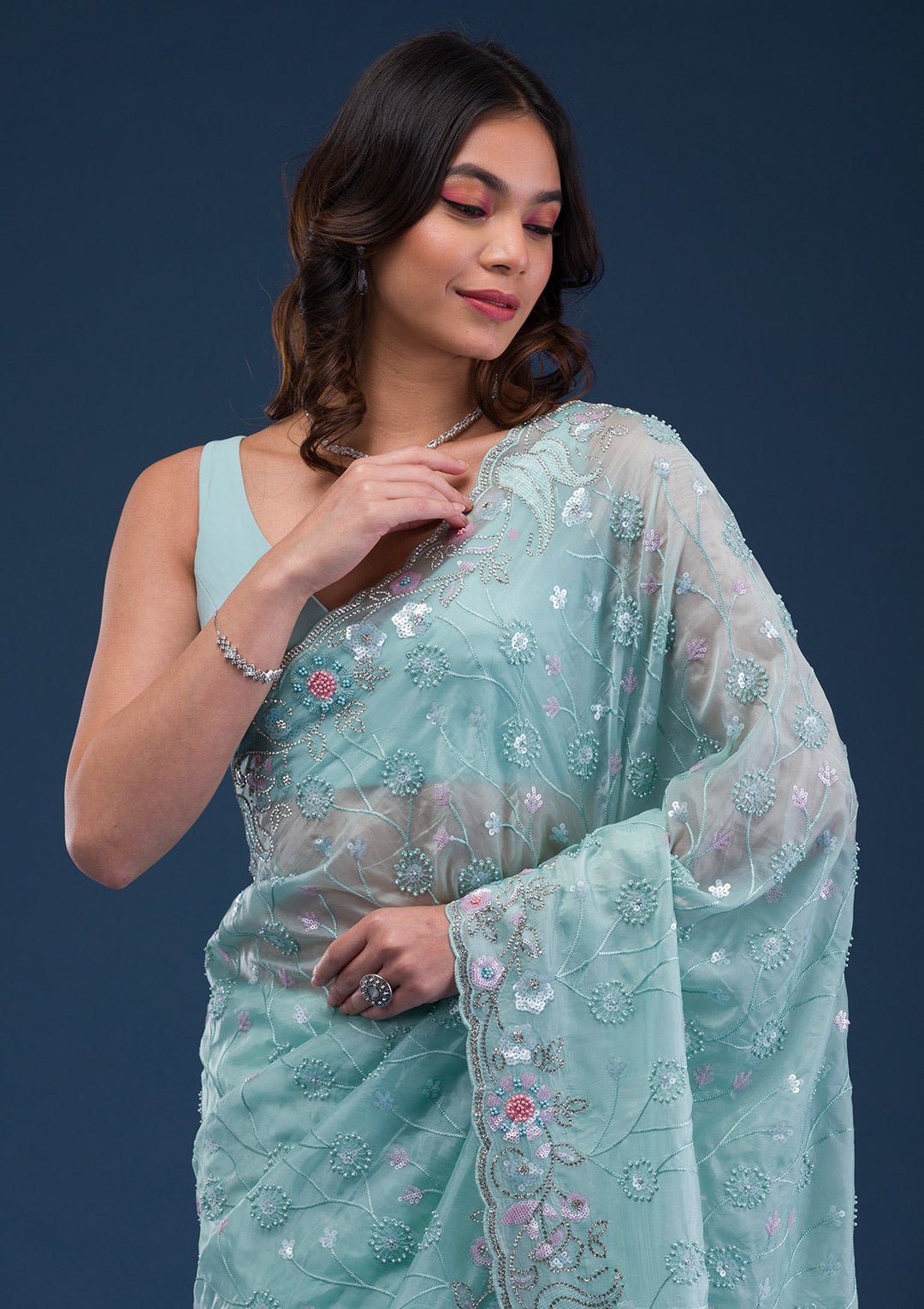 Sea Green Stonework Tissue Saree-Koskii
