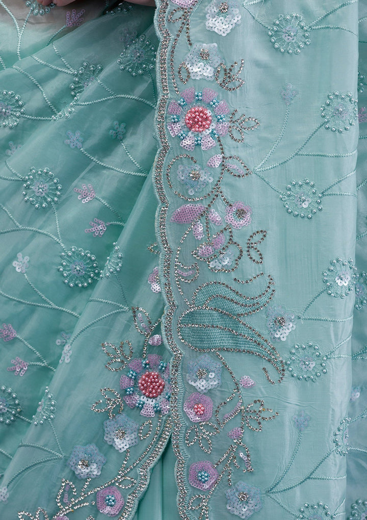 Sea Green Stonework Tissue Saree-Koskii