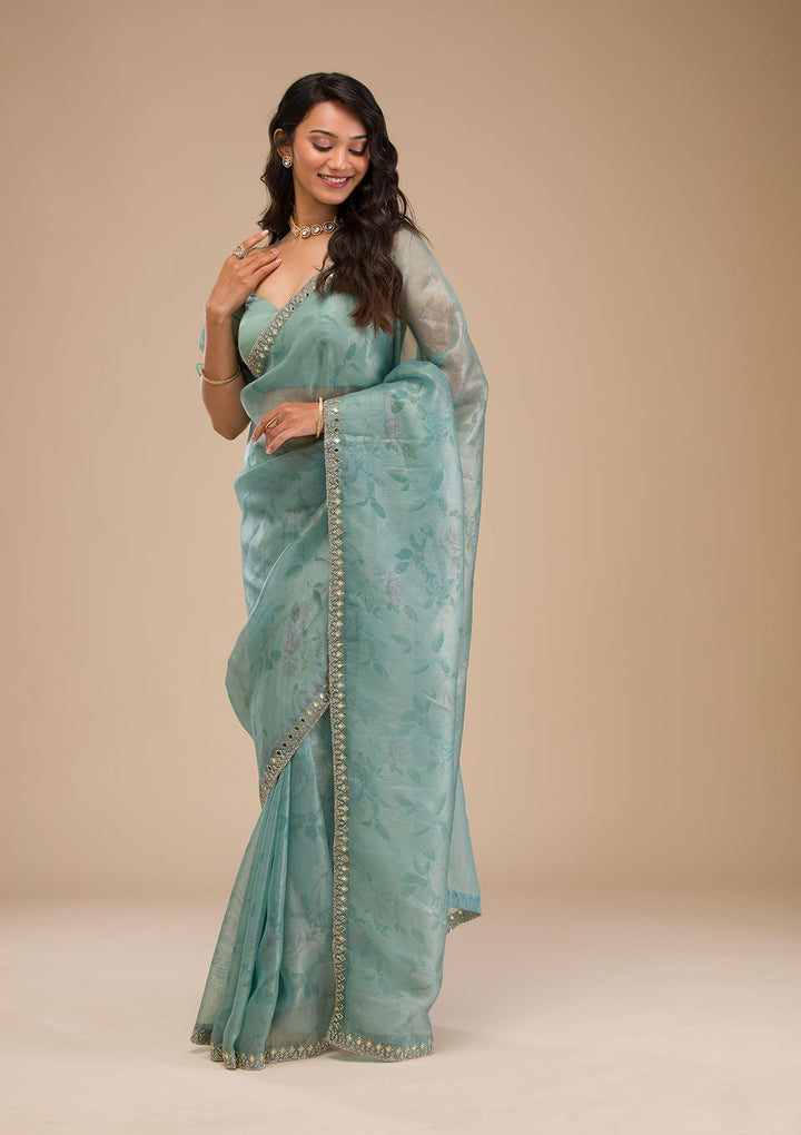 Sea Green Stonework Tissue Saree-Koskii