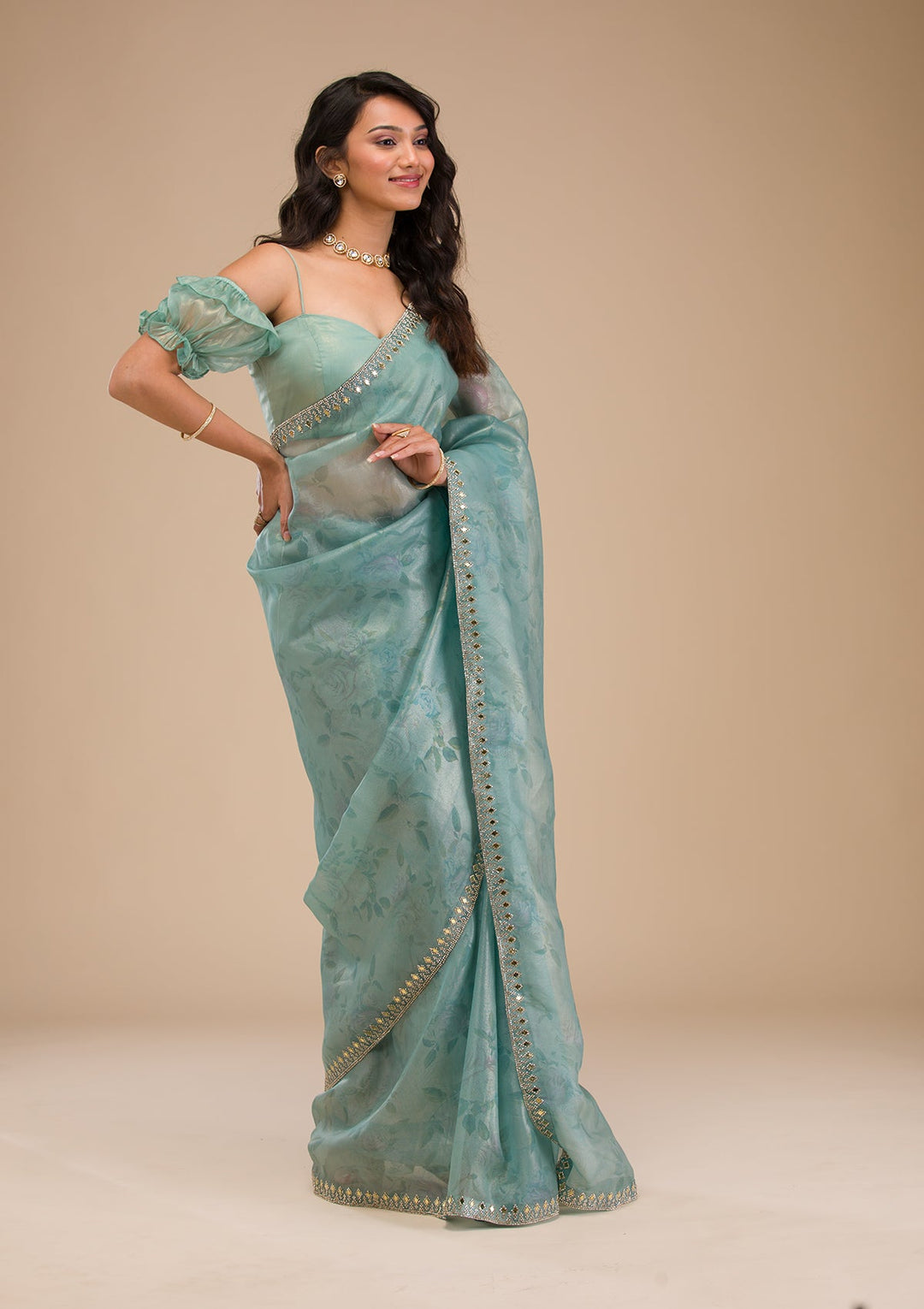 Sea Green Stonework Tissue Saree-Koskii