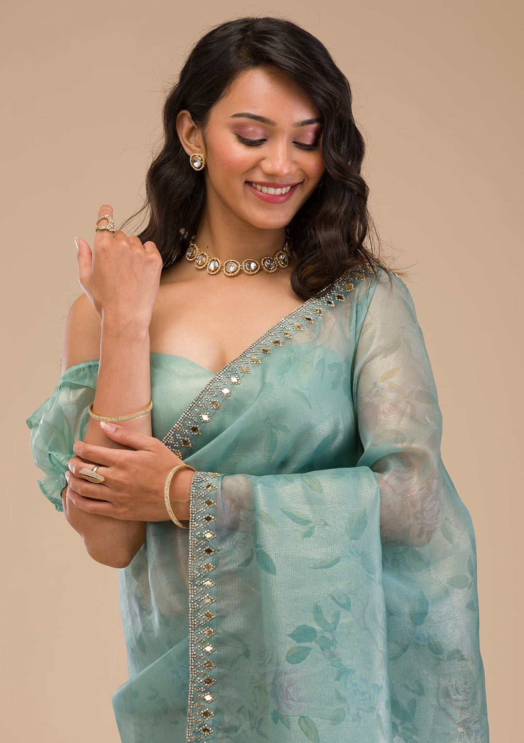Sea Green Stonework Tissue Saree-Koskii