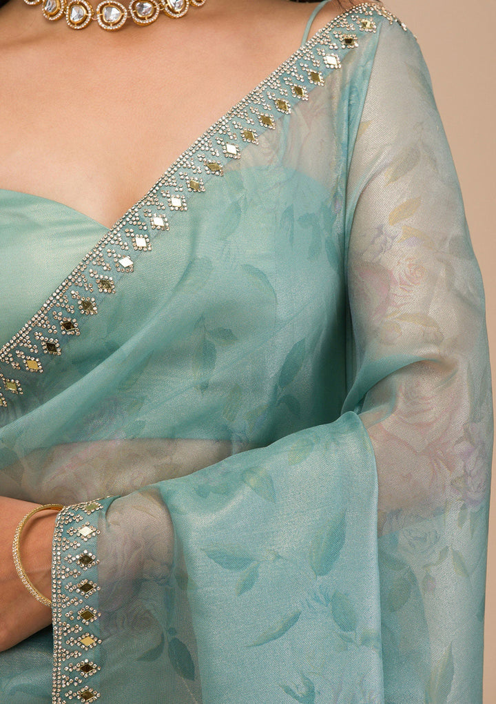 Sea Green Stonework Tissue Saree-Koskii