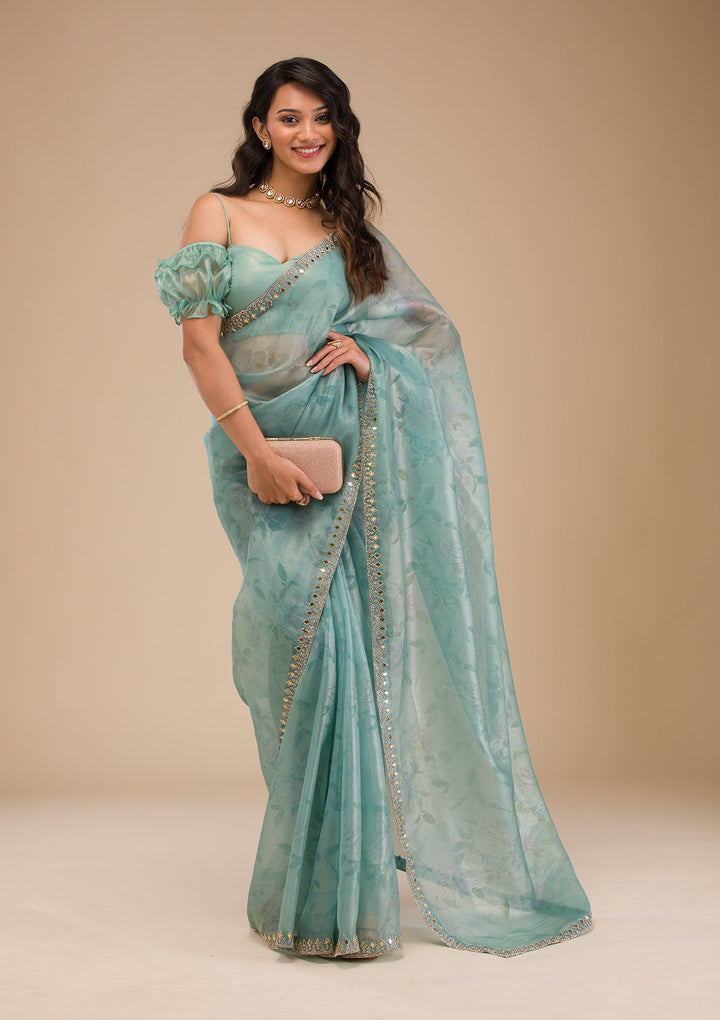 Sea Green Stonework Tissue Saree-Koskii