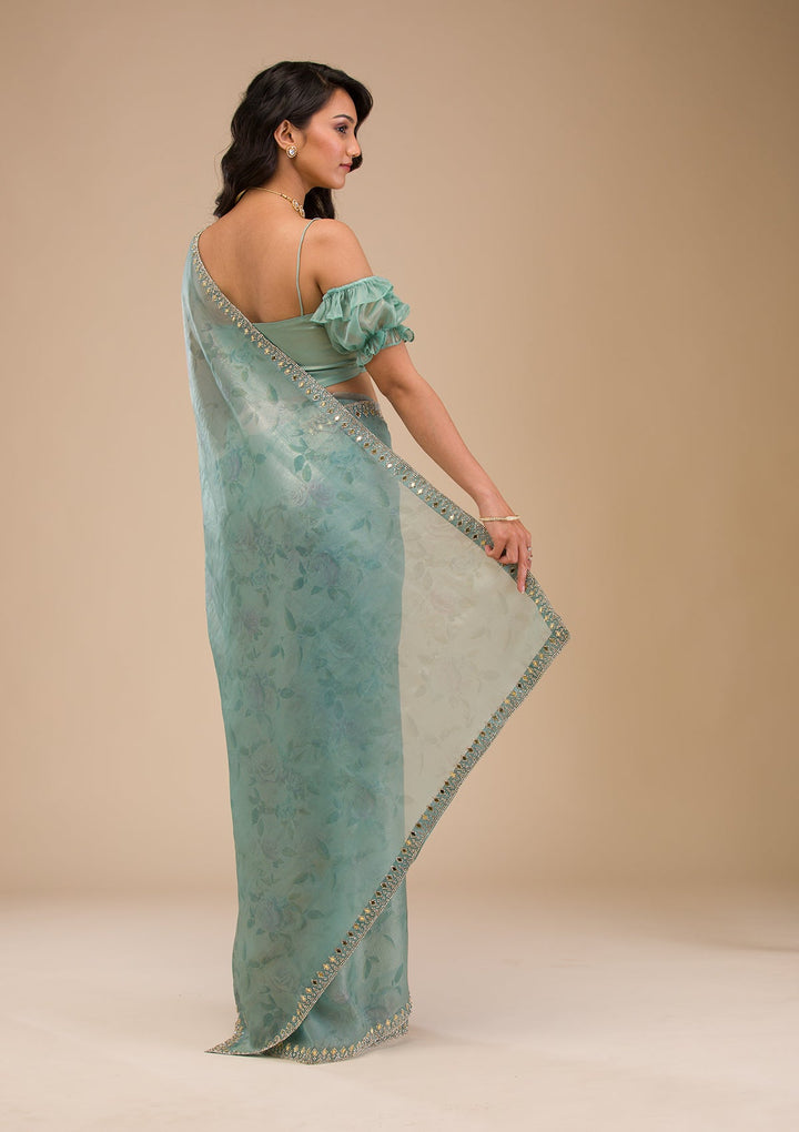 Sea Green Stonework Tissue Saree-Koskii