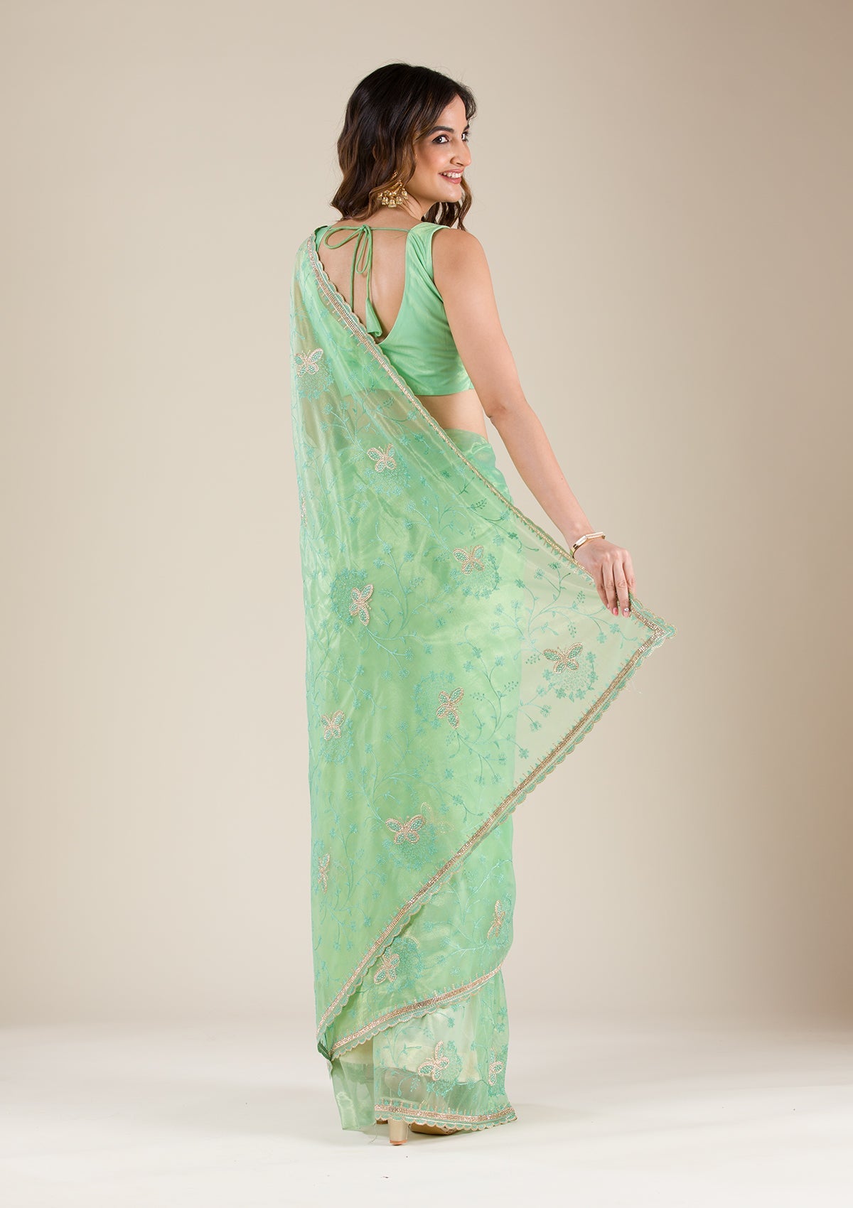 Sea Green Stonework Tissue Saree-Koskii