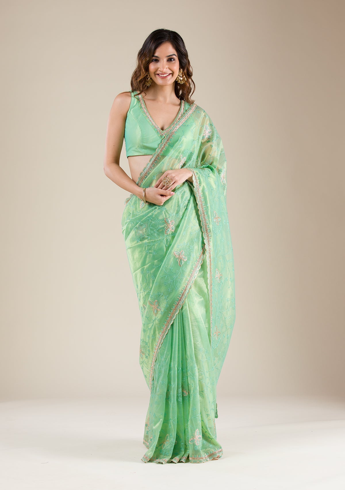 Sea Green Stonework Tissue Saree-Koskii