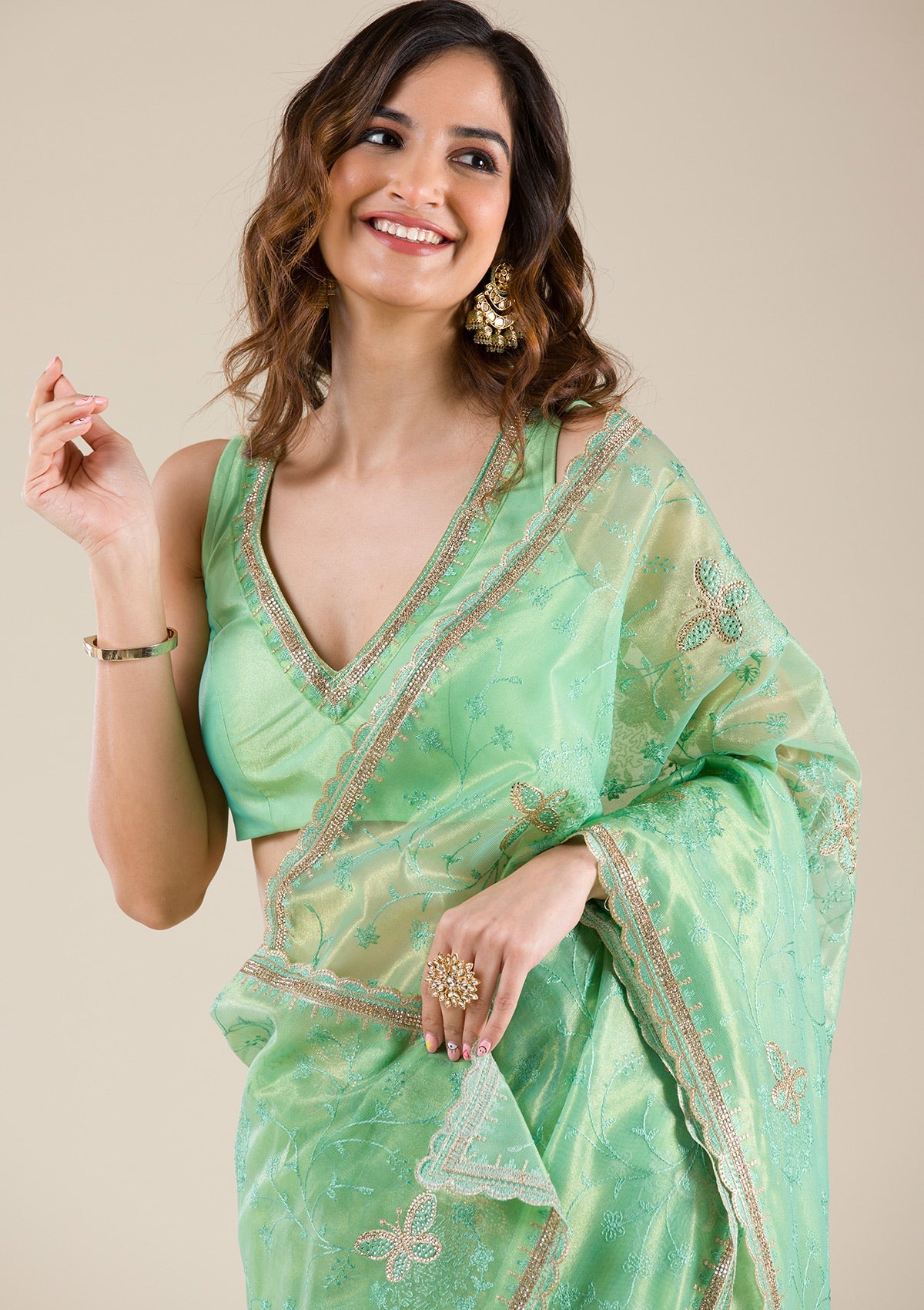 Sea Green Stonework Tissue Saree-Koskii