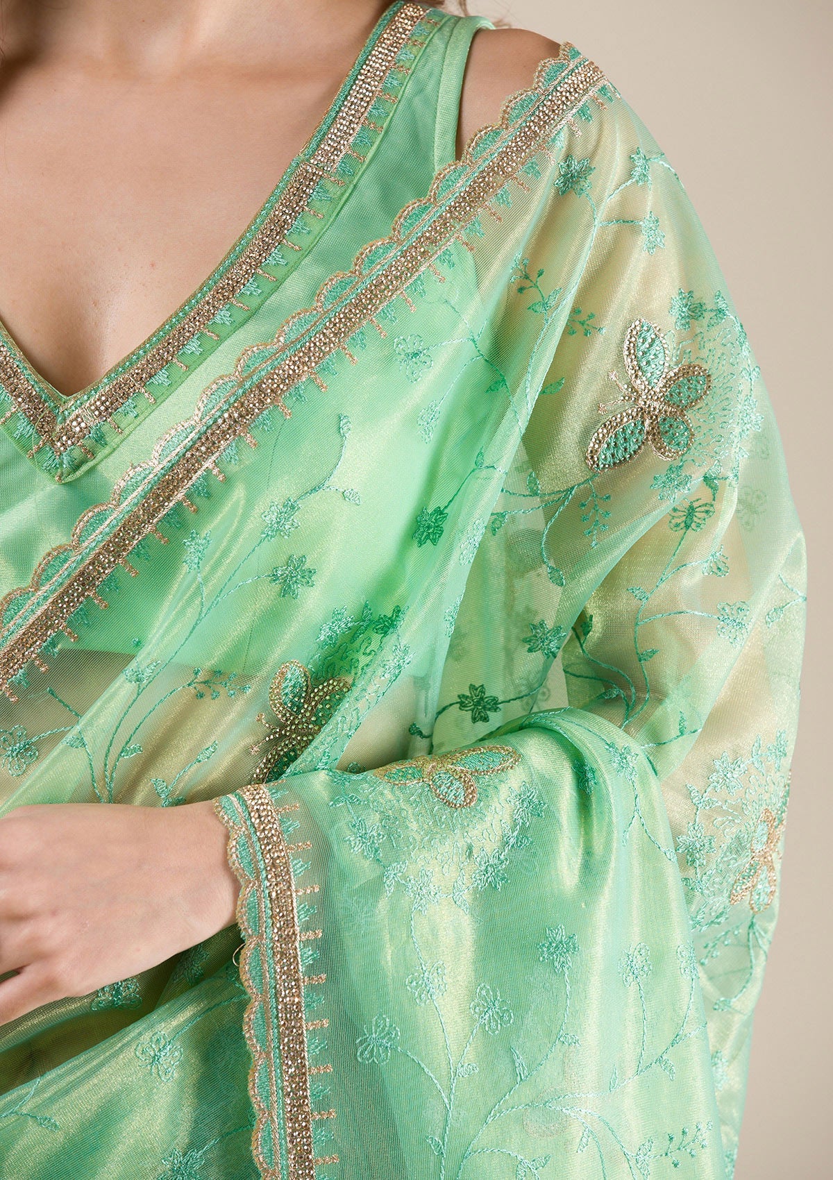 Sea Green Stonework Tissue Saree-Koskii