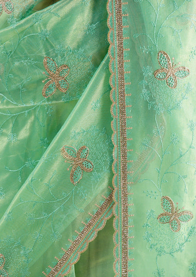 Sea Green Stonework Tissue Saree-Koskii