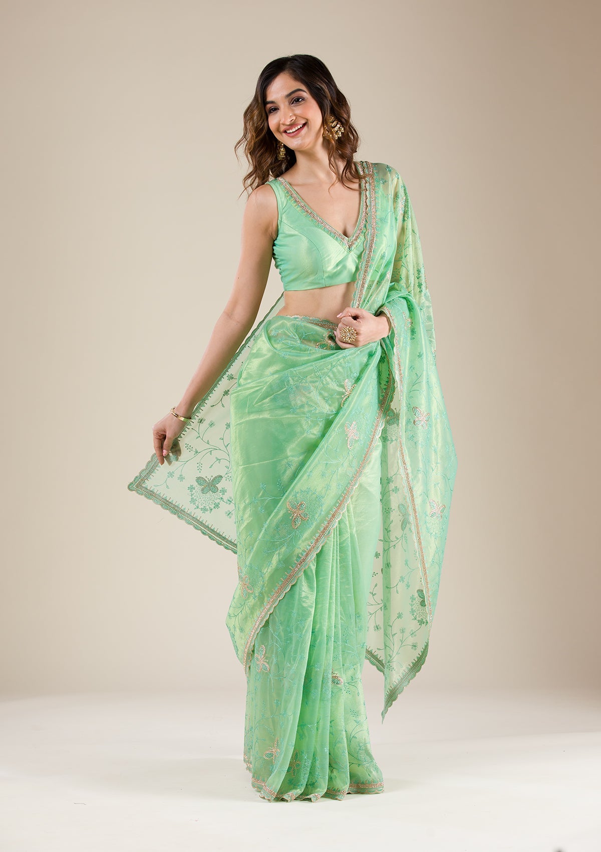 Sea Green Stonework Tissue Saree-Koskii