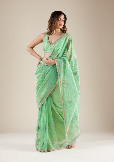 Sea Green Stonework Tissue Saree-Koskii