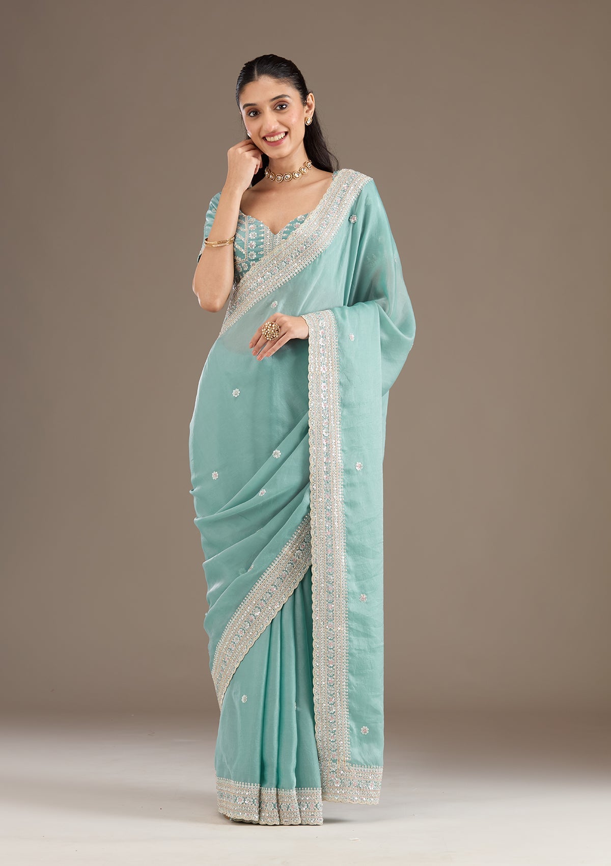 Sea Green Stonework Tissue Saree-Koskii