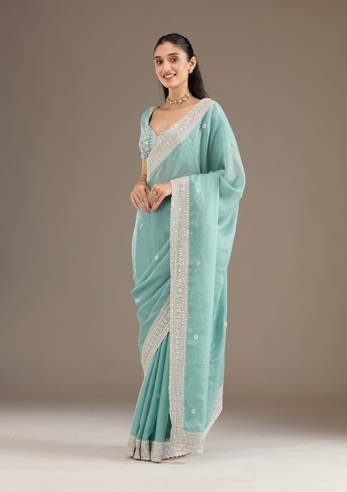 Sea Green Stonework Tissue Saree-Koskii