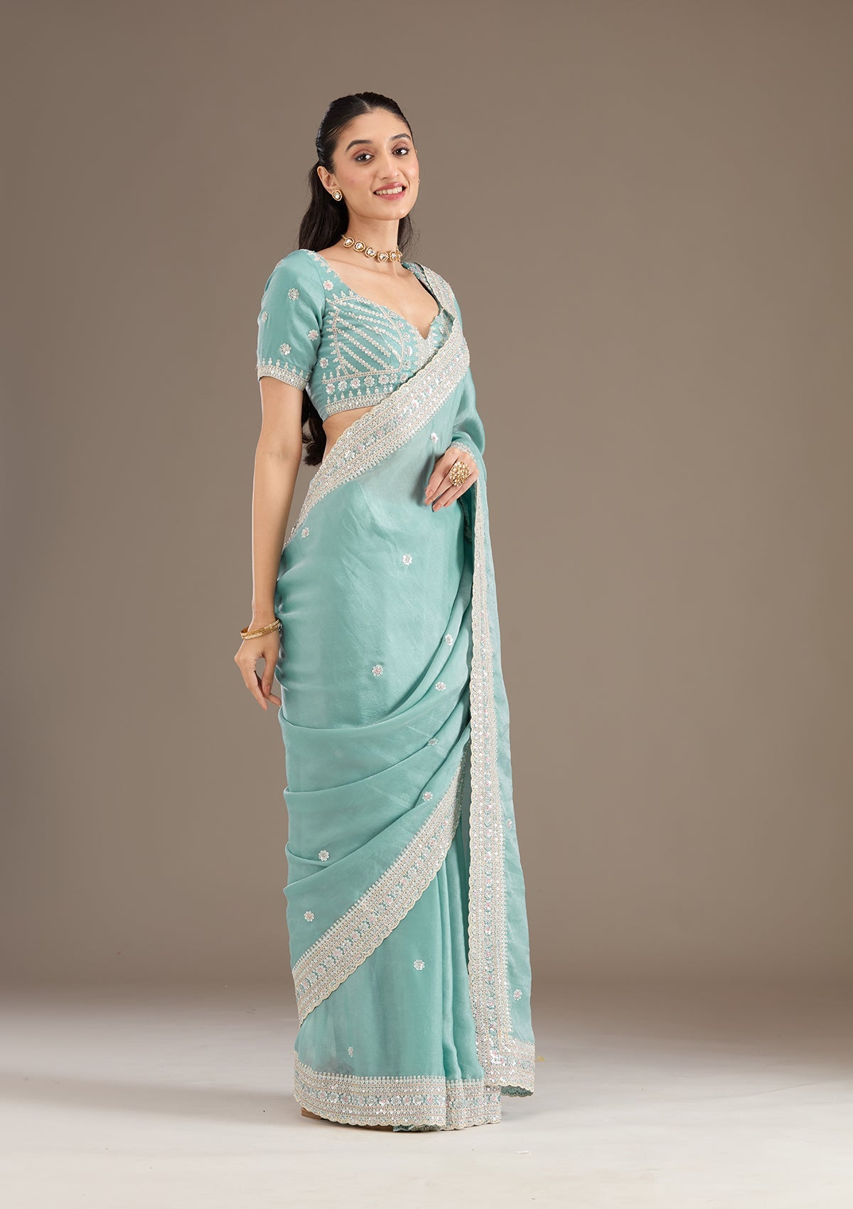 Sea Green Stonework Tissue Saree-Koskii