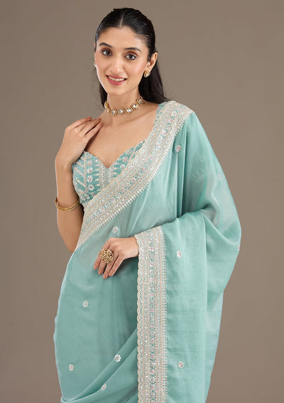 Sea Green Stonework Tissue Saree-Koskii