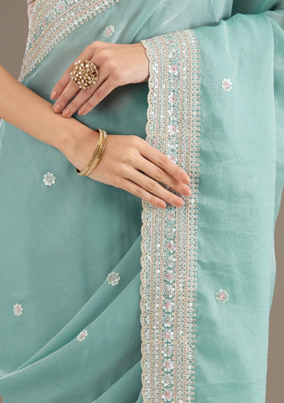 Sea Green Stonework Tissue Saree-Koskii