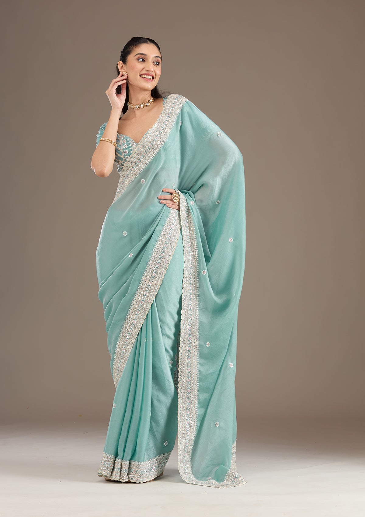 Sea Green Stonework Tissue Saree-Koskii