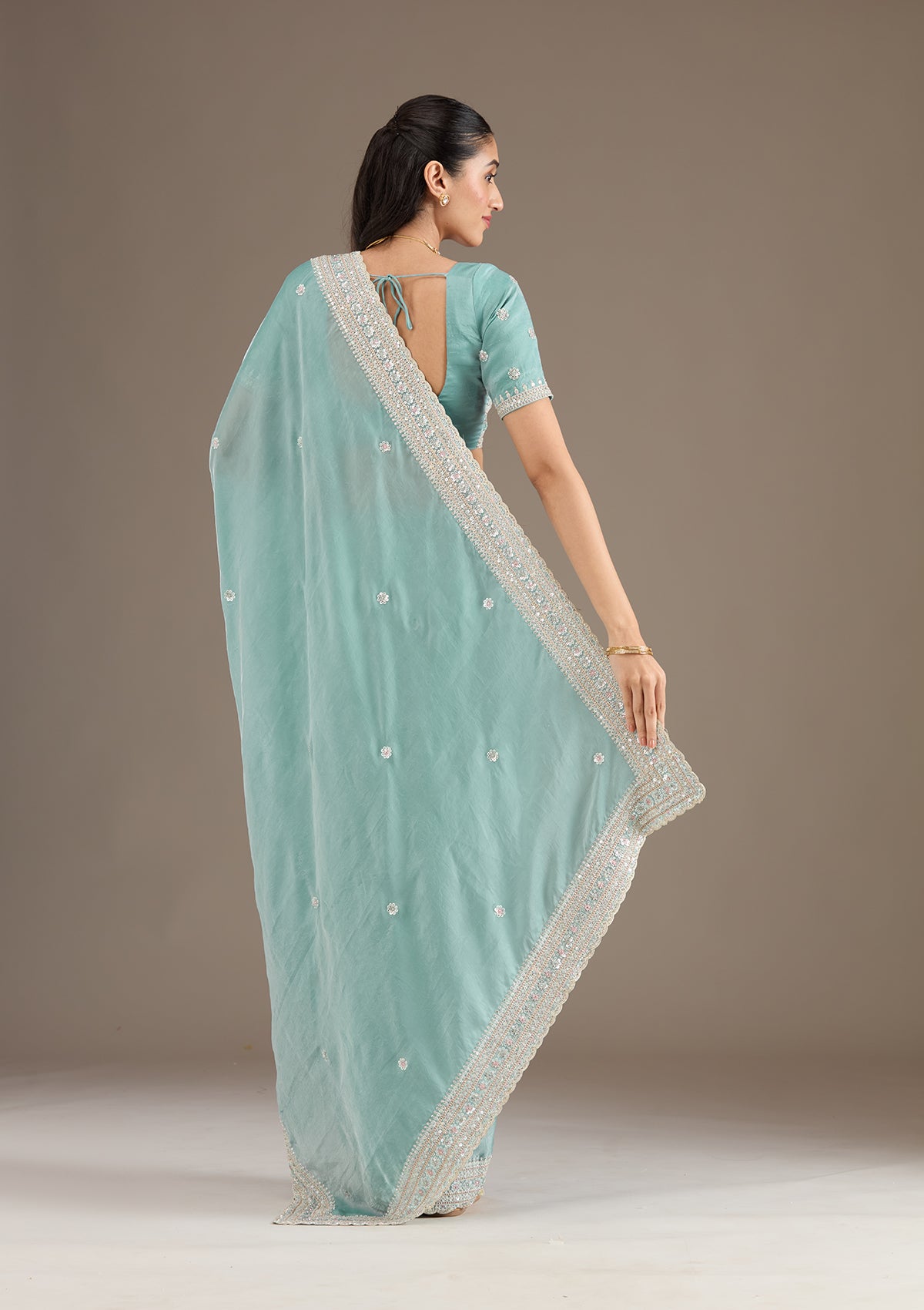 Sea Green Stonework Tissue Saree-Koskii