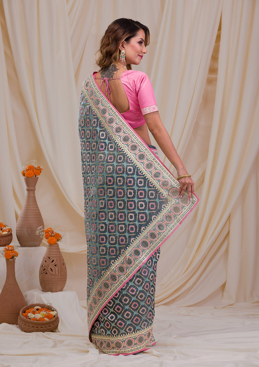 Sea Green Swarovski Chiffon Saree-Koskii