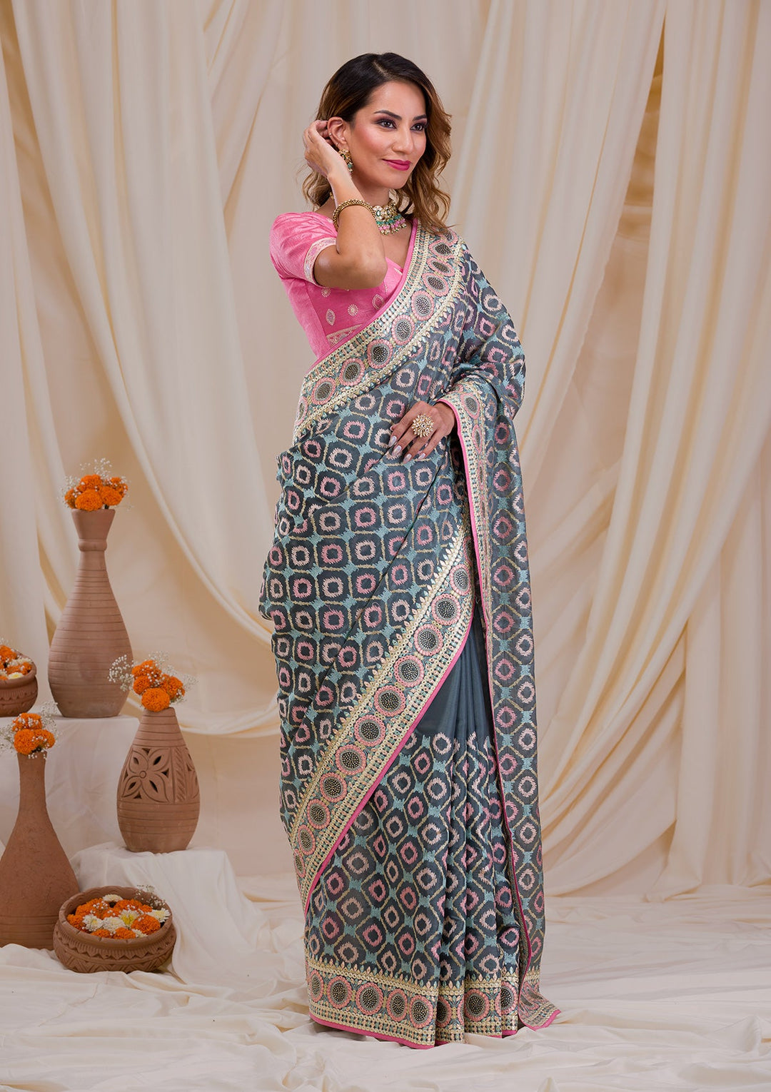 Sea Green Swarovski Chiffon Saree-Koskii