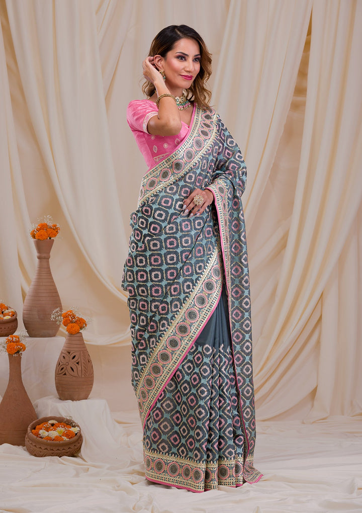 Sea Green Swarovski Chiffon Saree-Koskii
