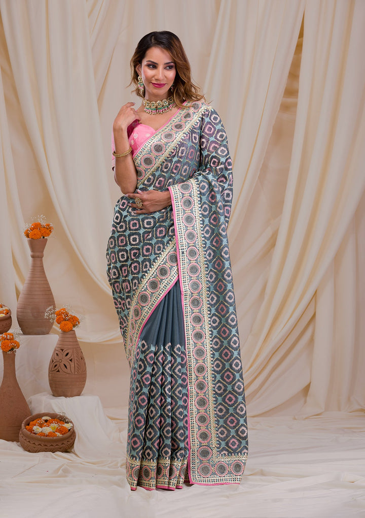 Sea Green Swarovski Chiffon Saree-Koskii