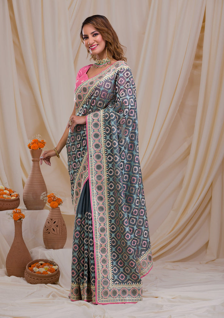Sea Green Swarovski Chiffon Saree-Koskii
