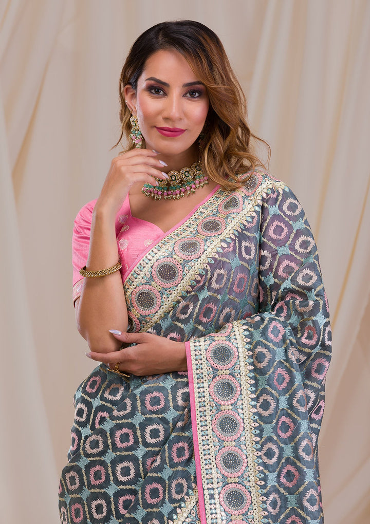 Sea Green Swarovski Chiffon Saree-Koskii
