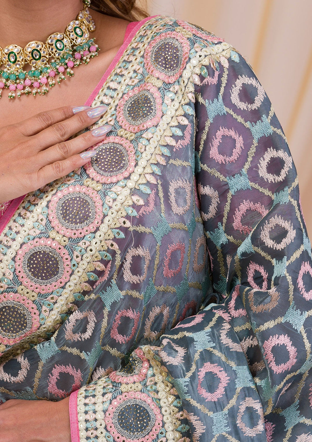 Sea Green Swarovski Chiffon Saree-Koskii