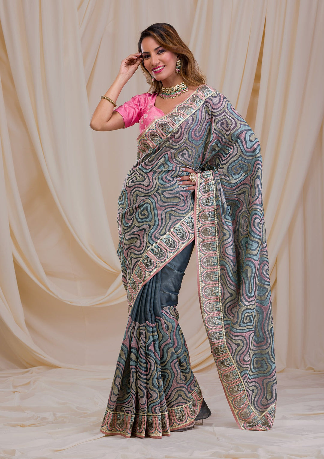 Sea Green Swarovski Chiffon Saree-Koskii