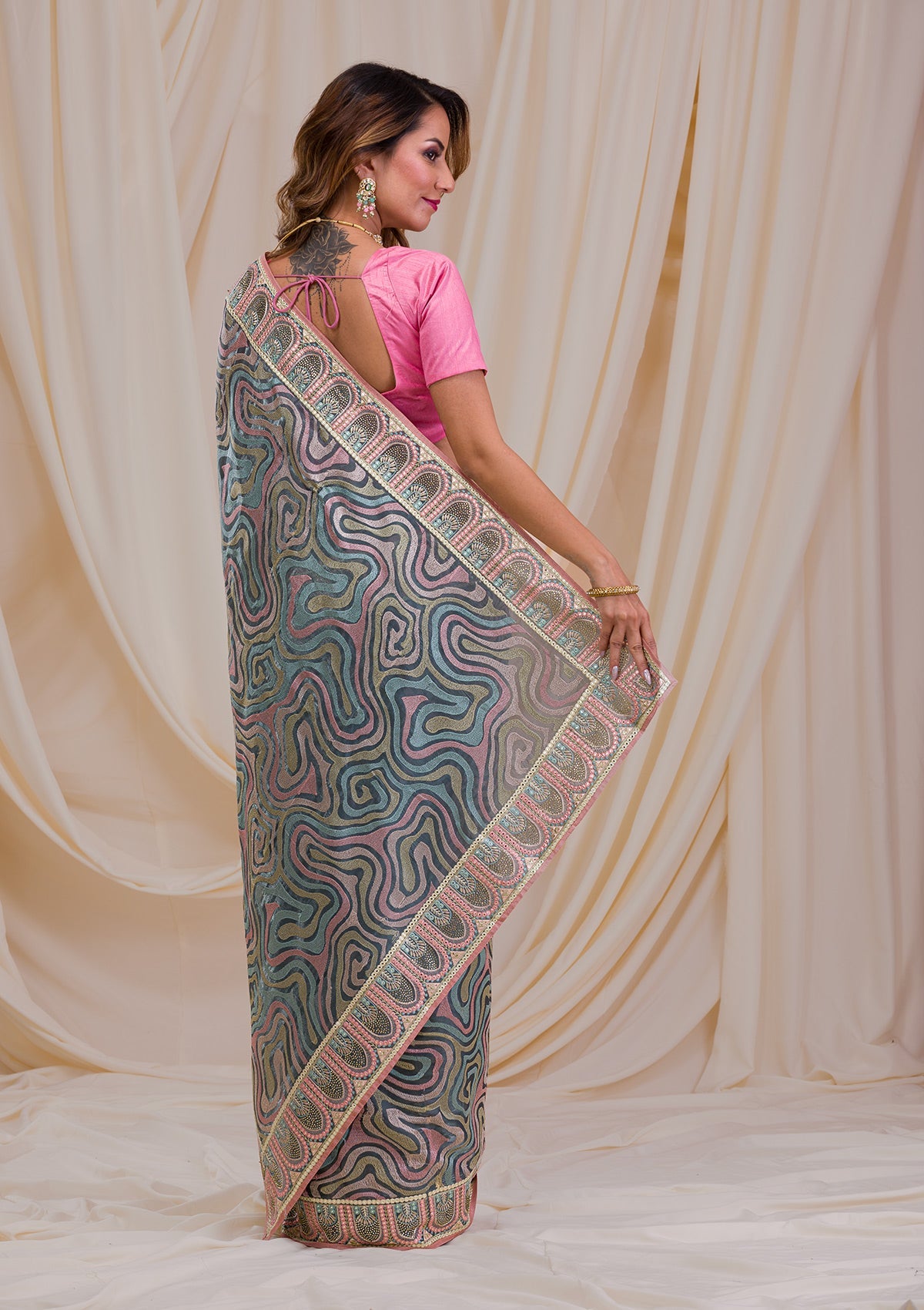 Sea Green Swarovski Chiffon Saree-Koskii