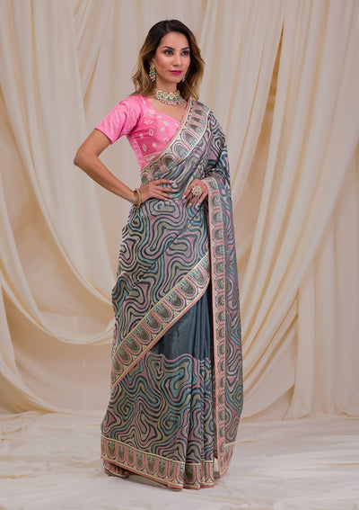 Sea Green Swarovski Chiffon Saree-Koskii