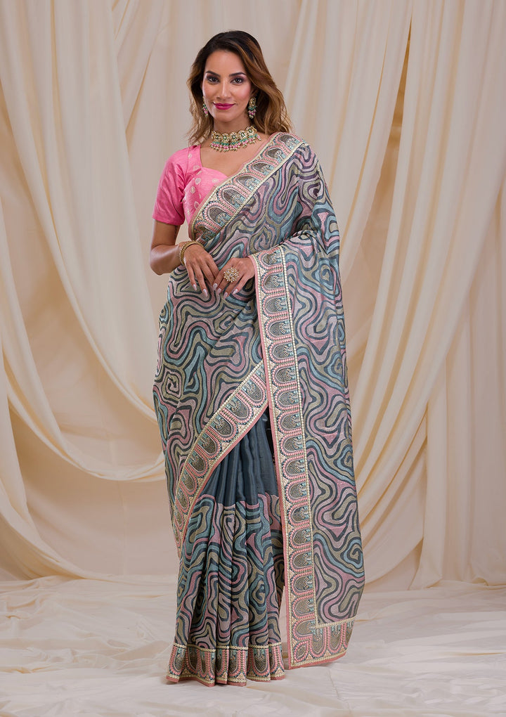 Sea Green Swarovski Chiffon Saree-Koskii