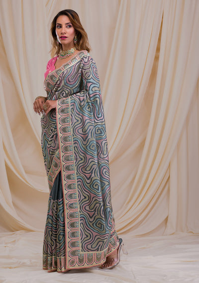 Sea Green Swarovski Chiffon Saree-Koskii