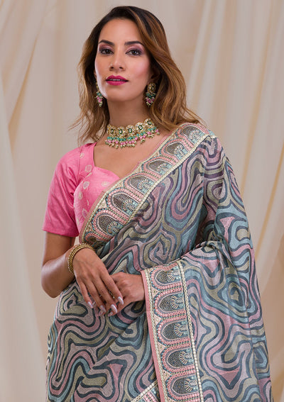 Sea Green Swarovski Chiffon Saree-Koskii