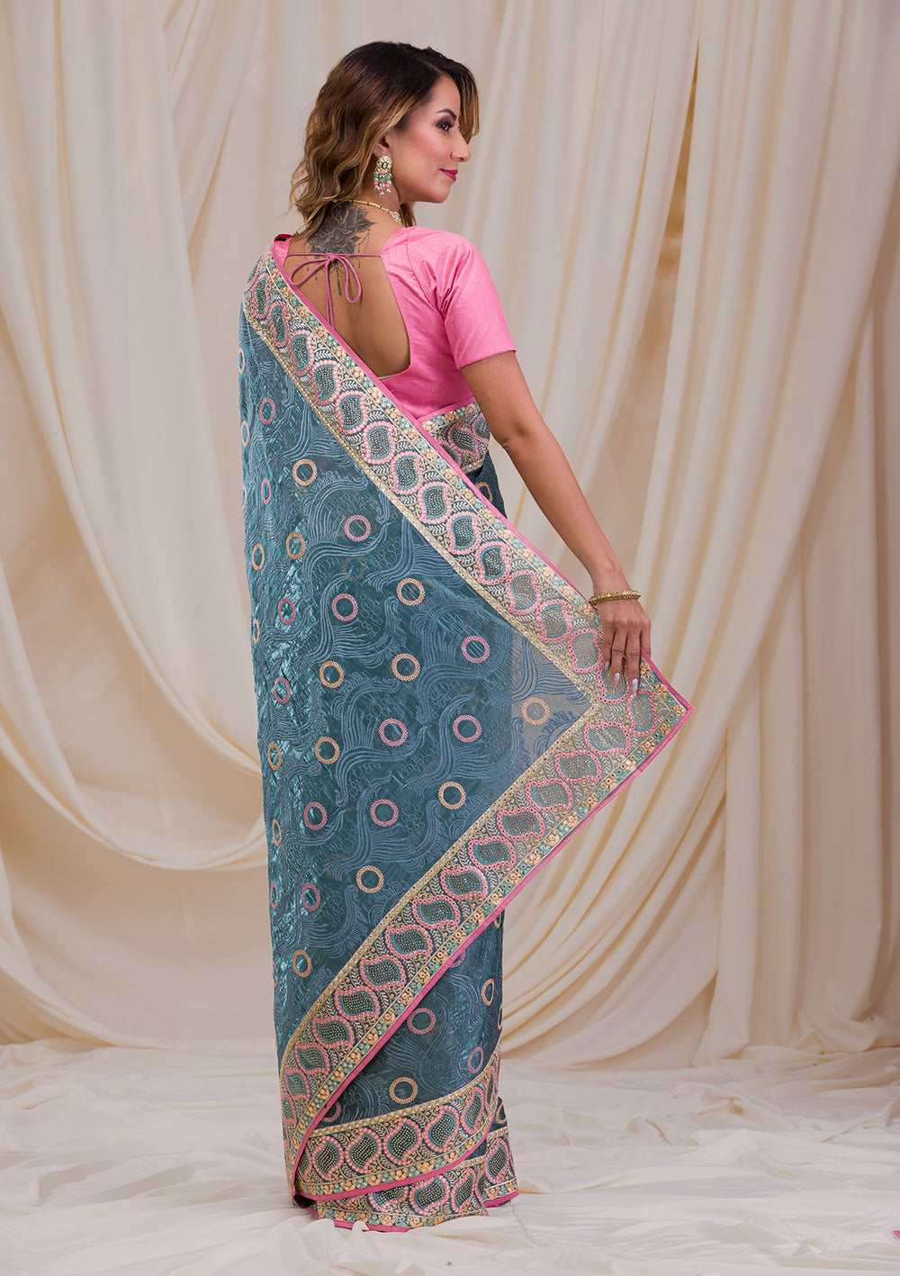 Sea Green Swarovski Chiffon Saree-Koskii
