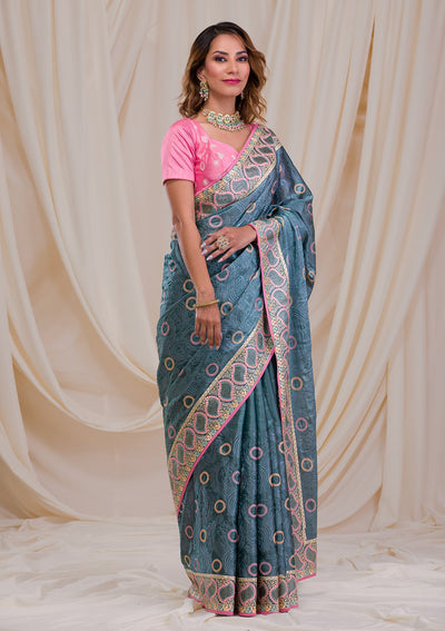 Sea Green Swarovski Chiffon Saree-Koskii