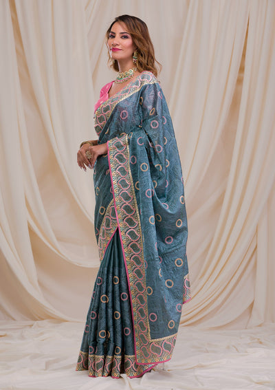 Sea Green Swarovski Chiffon Saree-Koskii