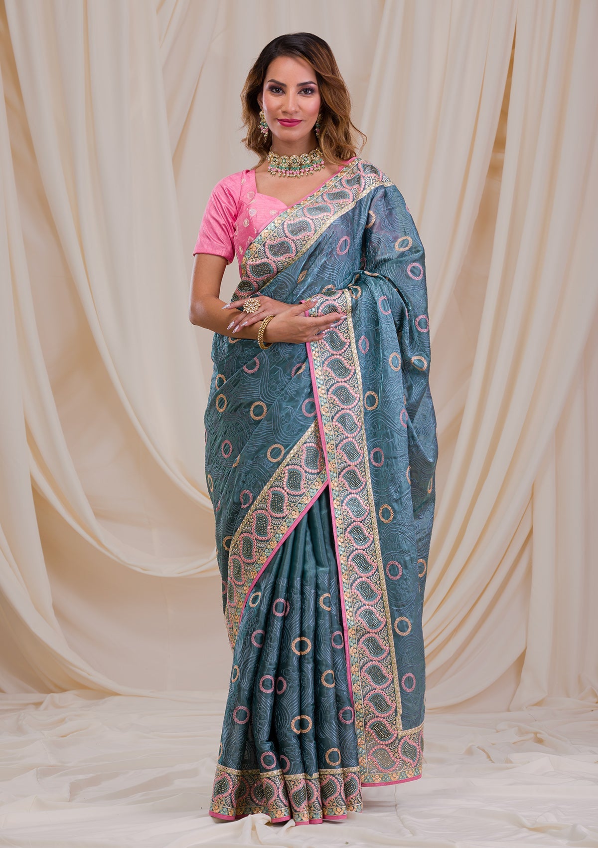 Sea Green Swarovski Chiffon Saree-Koskii