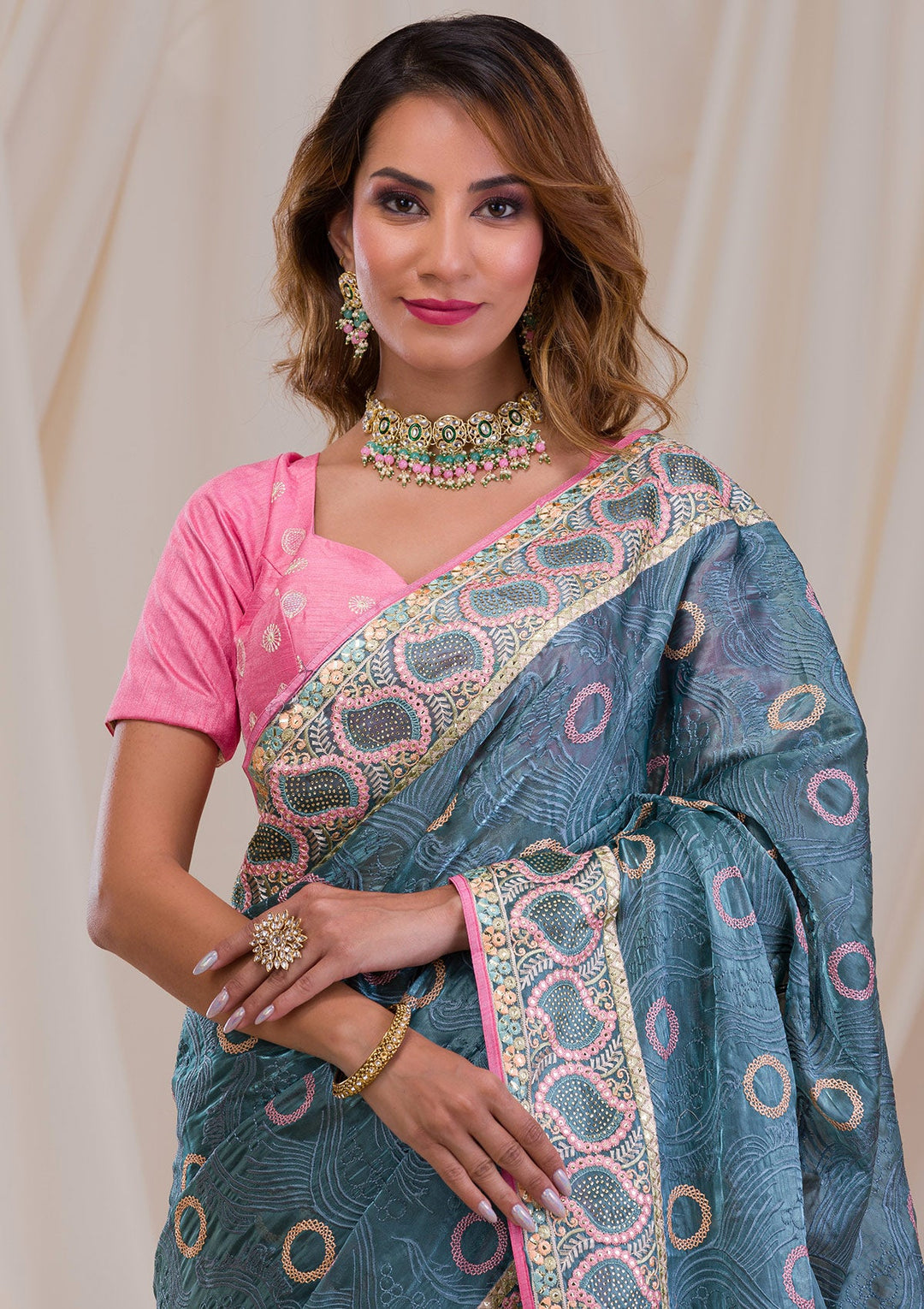 Sea Green Swarovski Chiffon Saree-Koskii