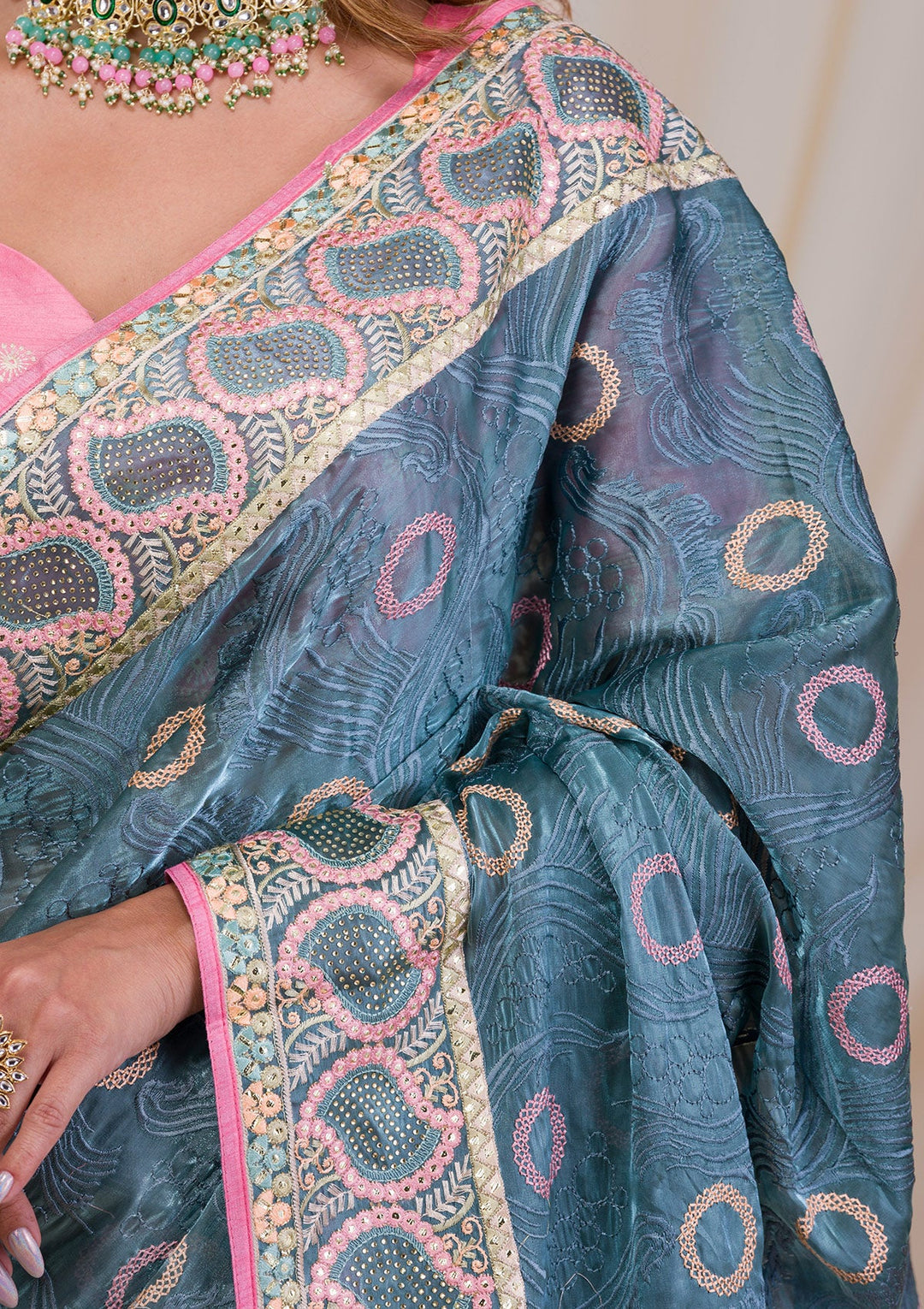 Sea Green Swarovski Chiffon Saree-Koskii