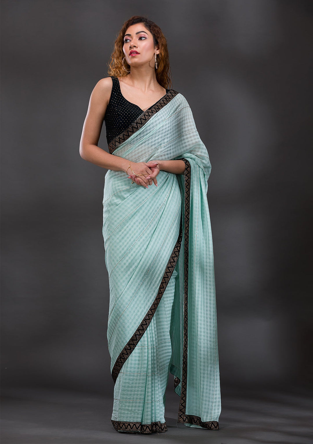 Sea Green Swarovski Georgette Saree-Koskii