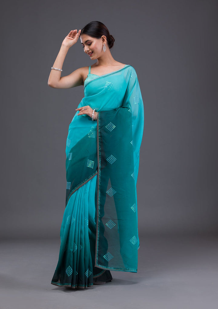 Sky Blue Stonework Satin Designer Saree-Koskii