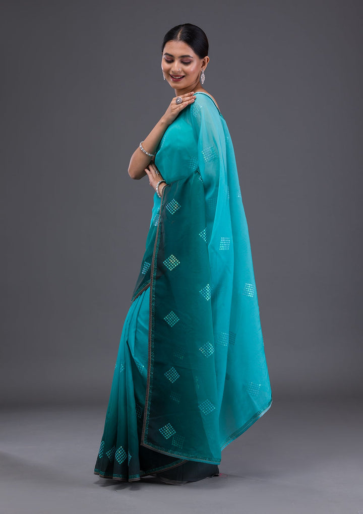 Sky Blue Stonework Satin Designer Saree-Koskii