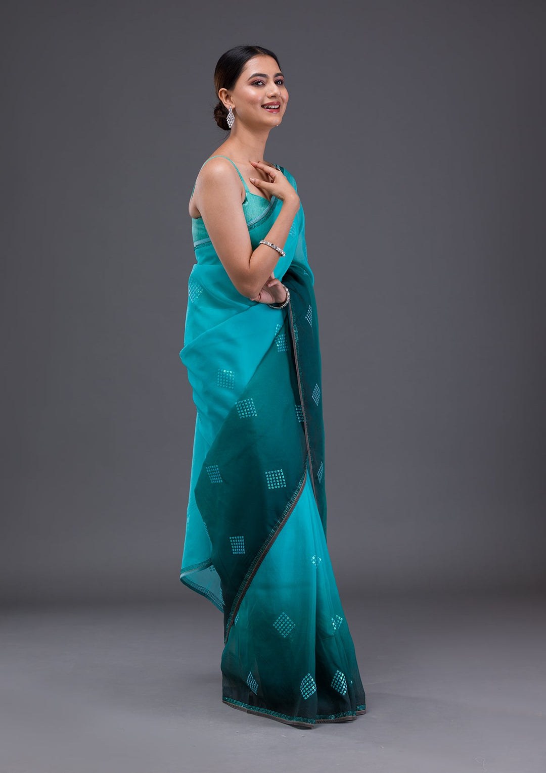 Sky Blue Stonework Satin Designer Saree-Koskii