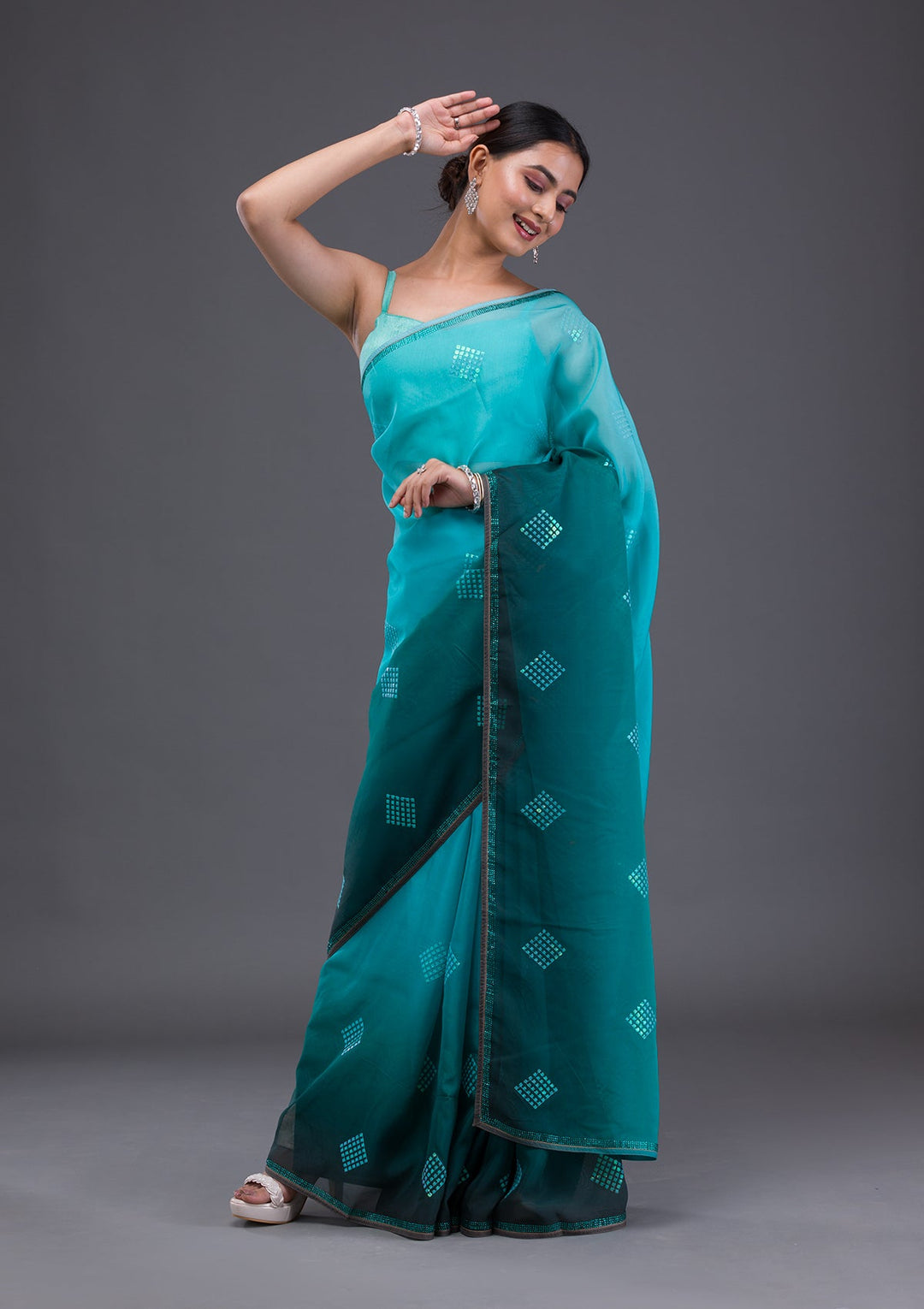Sky Blue Stonework Satin Designer Saree-Koskii