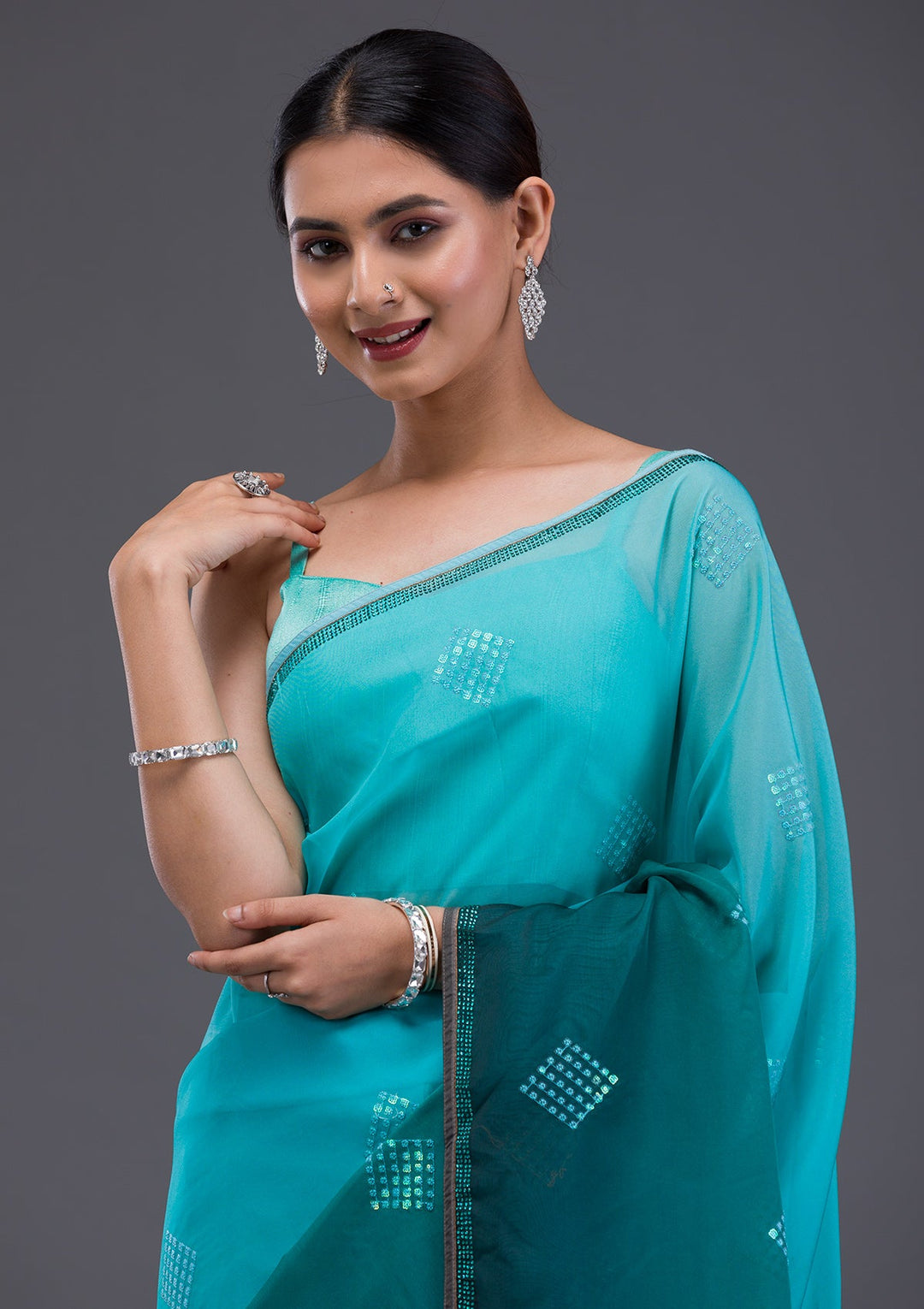 Sky Blue Stonework Satin Designer Saree-Koskii