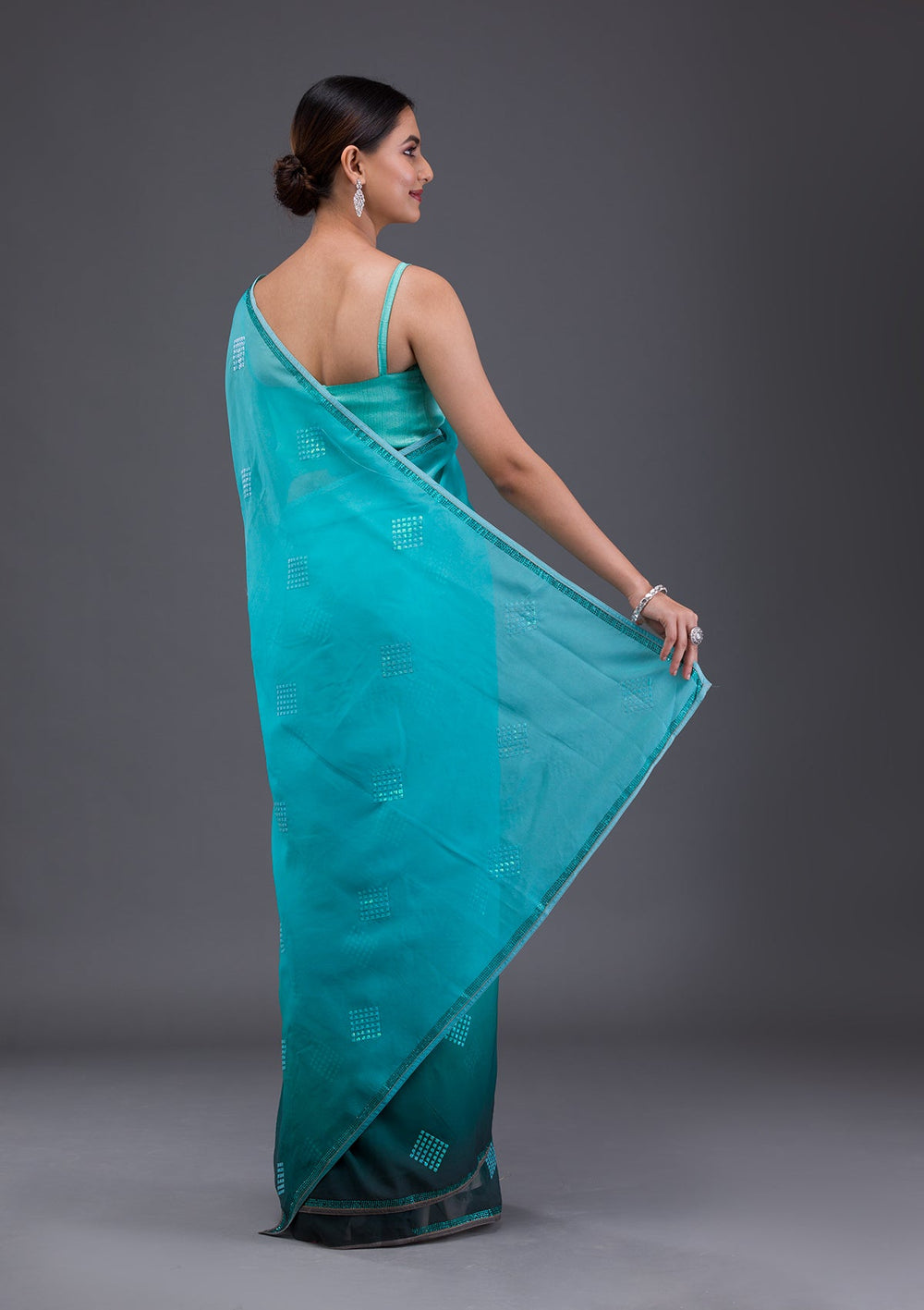 Sky Blue Stonework Satin Designer Saree-Koskii
